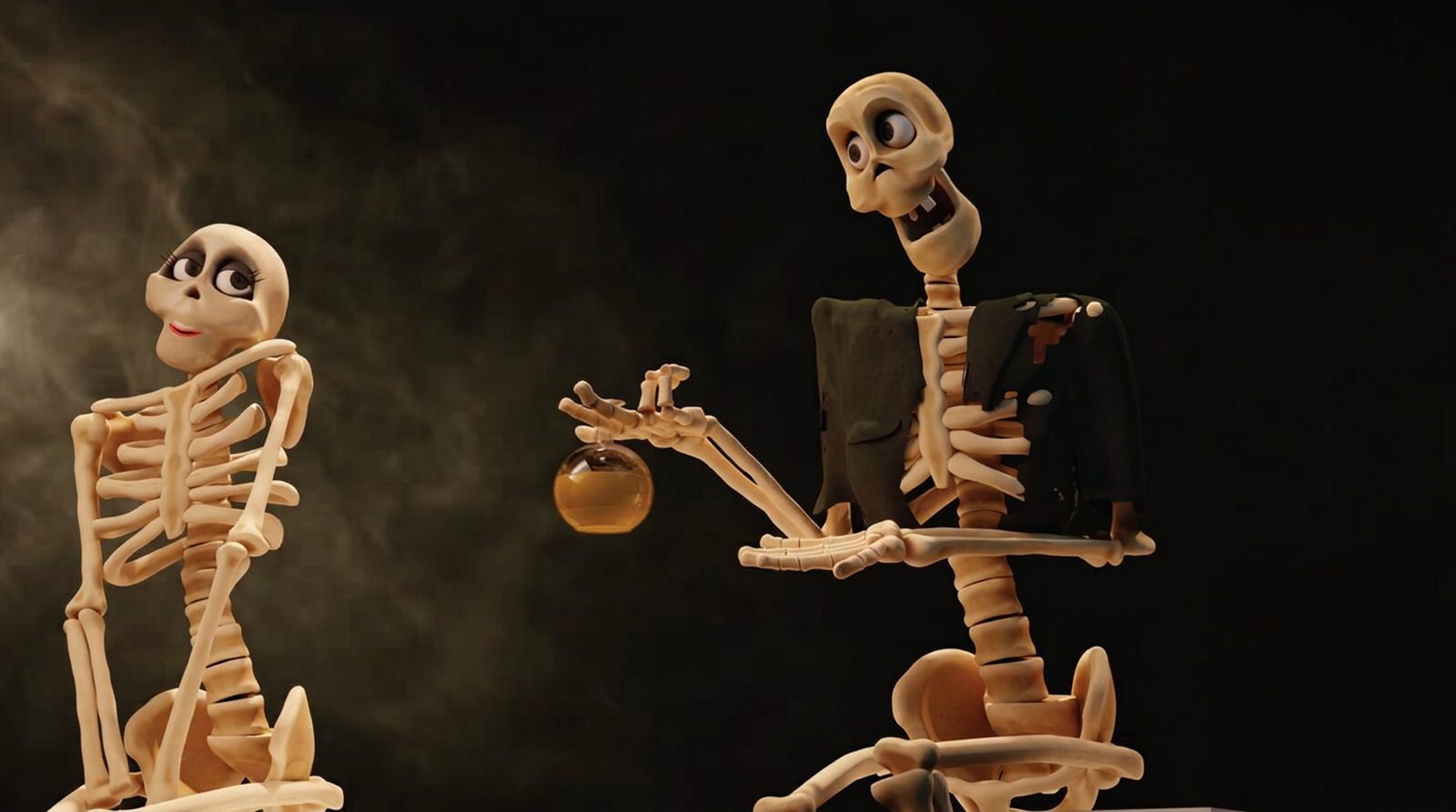 3D character concept art of two stylised skeleton characters in a candlelit scene, one offering a glass of amber liquid to the other